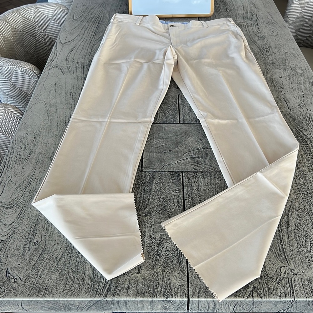 Frank’s plain front trim fit extra long inseam unhemmed modern dress chinos